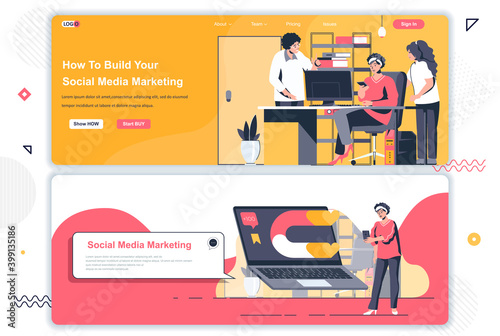 Social media marketing landing pages set. Social network marketing campaign corporate website. Flat vector illustration with people characters. Web concept use as header, footer or middle content.