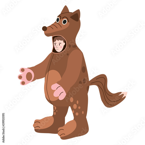 Actor in animal Wolf costume. Theme party, Birthday kid, children animator, entertainer wearing performer character for holiday masquerade, carnival. Vector cartoon