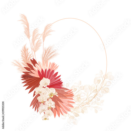 Boho floral wedding vector frame. Watercolor pampas grass, orchid flowers, dry palm leaves border template