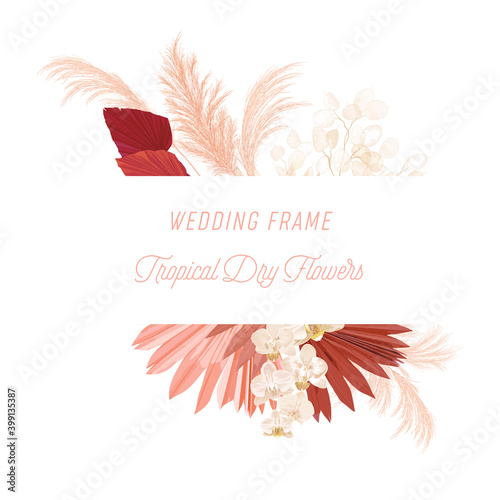 Watercolor floral wedding vector frame. Pampas grass, orchid flowers, dry palm leaves border template