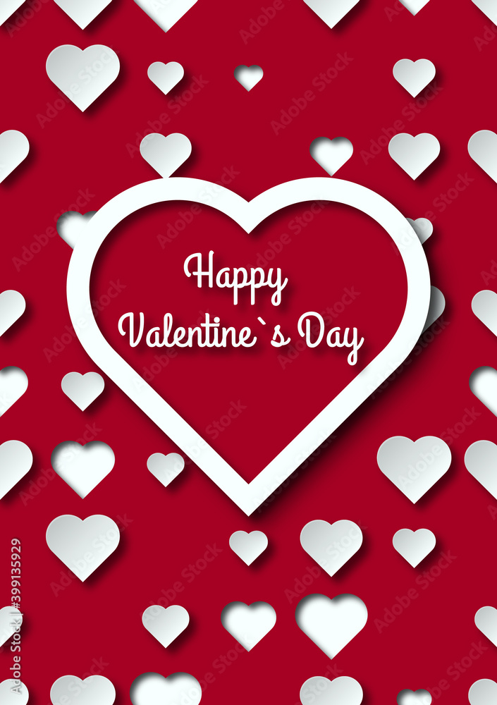 Background in red and white colors with the inscription congratulations on valentine's day in paper cut style. Randomly placed hearts of different sizes with shadows on the layers.