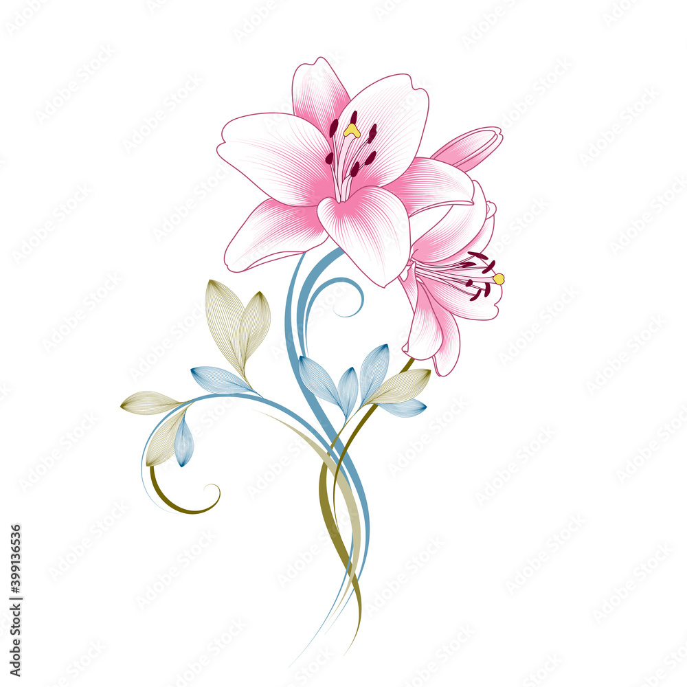 Abstract  hand drawn floral pattern with lily flowers. Vector illustration. Element for design.
