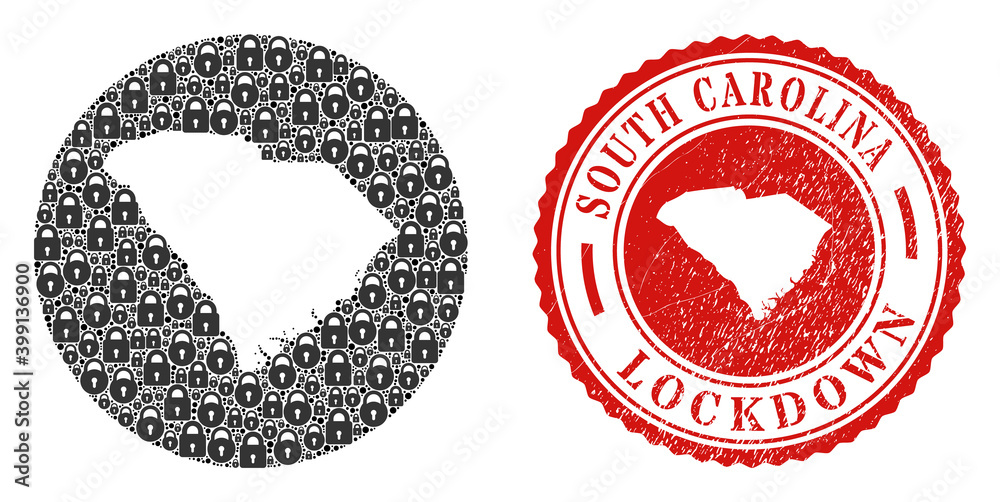 Vector mosaic South Carolina State map of locks and grunge LOCKDOWN ...