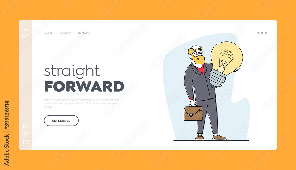 Obraz premium Businessman with Creative Idea Landing Page Template. Business Vision, Education and Motivation. Character Holding Bulb
