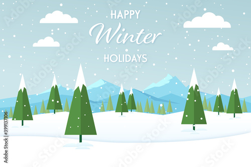 Winter mountain landscape with Christmas Trees. Greeting card background.