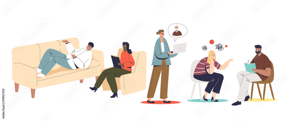 Consultation with psychologist set with people patients talking to psychology specialists Consultation with psychologist set with people patients talking to psychology specialists