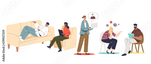 Consultation with psychologist set with people patients talking to psychology specialists