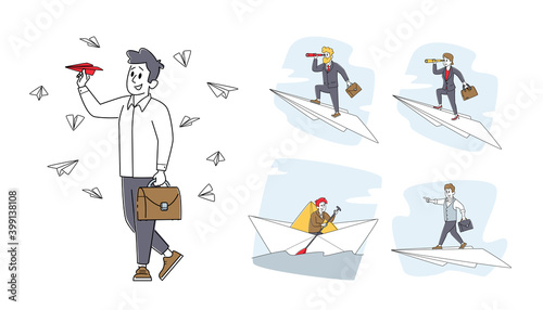 Set Business Characters Sail Paper Boat, Flying on Paper Airplane. Man and Woman in Ocean and Sky Risk, Search Solution
