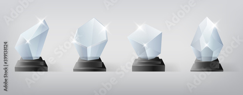 Winner glass trophy set. First places award, crystal prize and signed acrylic trophies