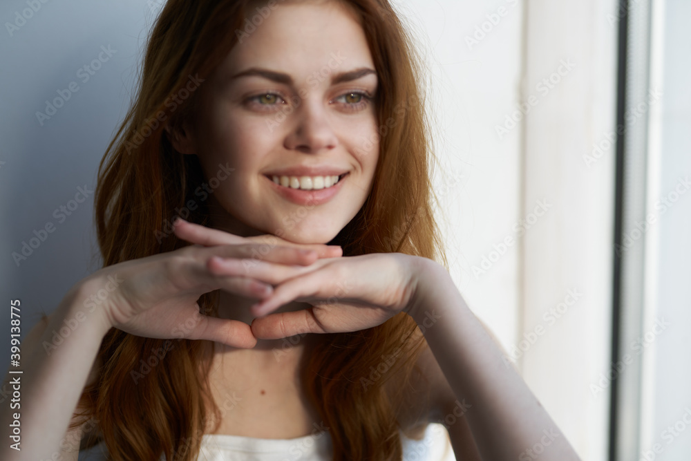 pretty smiling woman near window at home morning rest pretty smiling woman near window at home morning rest