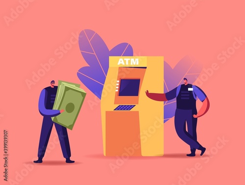 Tiny Armed Cash-in-transit Guard Characters Collect Money from Huge Atm in Bank. Guardians Wearing Uniform Convoy Work