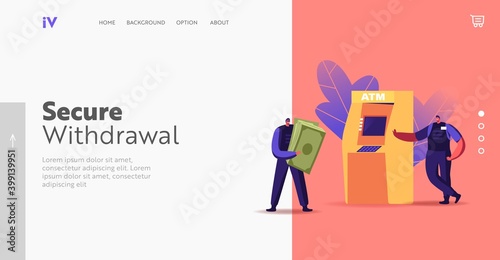 Convoy Money Transportation Landing Page Template. Tiny Armed Cash-in-transit Guard Characters Collecting Money from Atm