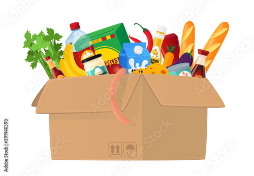 Food Box Isolated on White Background. Carton Container Full of Different Food, Grocery Production, Vegetables, Bread