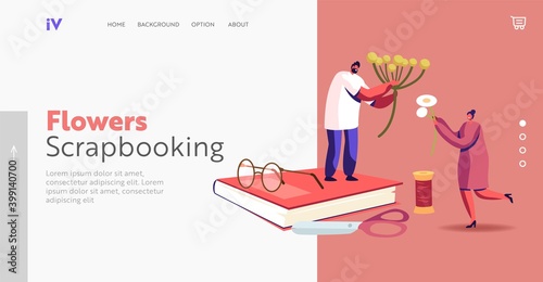 Collecting Herbarium Landing Page Template. Tiny Male and Female Characters Making Composition of Dried Herbs or Flowers