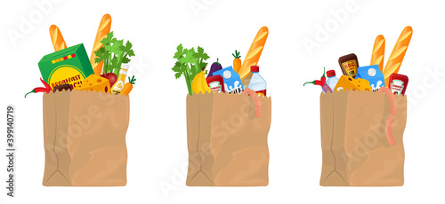 Food in Shopping Paper Bags. Bread or Cans with Milk Package, Sausages, Greenery, Cheese or Ketchup. Different Grocery
