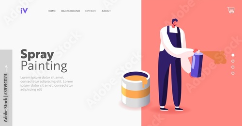 Car Body Upgrade Aerography Service Landing Page Template. Male Character Holding Spray for Painting Car, Airbrushing