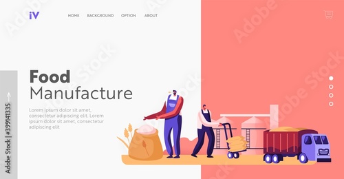 Flour Production Landing Page Template. Characters Producing Wheat, Manufacture Process, Bread Industry, Harvesting