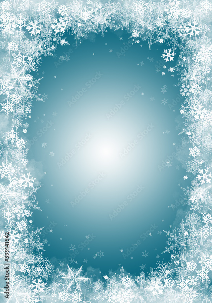 Fototapeta premium Snow background. Blue and white Christmas snowfall with defocused flakes. Winter concept with falling snow. Holiday texture and white snowflakes