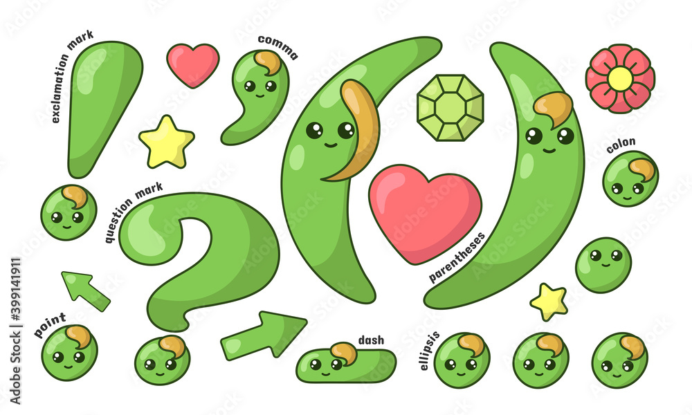 Set of cute smiling green kawaii punctuation marks in doodle style. Colored  funny cartoon isolated vector illustration in flat design with shadows  Stock Vector | Adobe Stock