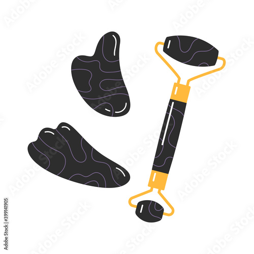 Skin care products for SPA. Vector set of massage black roller, gua sha stone isolated on white background. Home beauty routine essensials concept. Flat vector hand drawn illustration. 