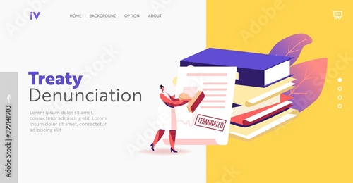 Crisis, Bankruptcy, Cancellation Landing Page Template. Woman with Stamp for Terminated Agreement, Tiny Female Character