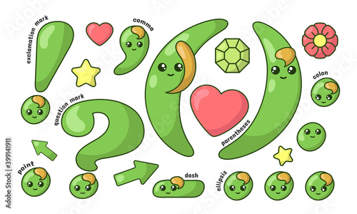 Set of cute smiling green kawaii punctuation marks in doodle style. Colored funny cartoon isolated vector illustration in flat design with shadows	
