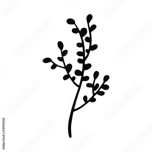 Hand drawn doodle vector branch for posters, greeting cards, web, clothes, wrapping paper. Floral silhouette element isolated on white background.