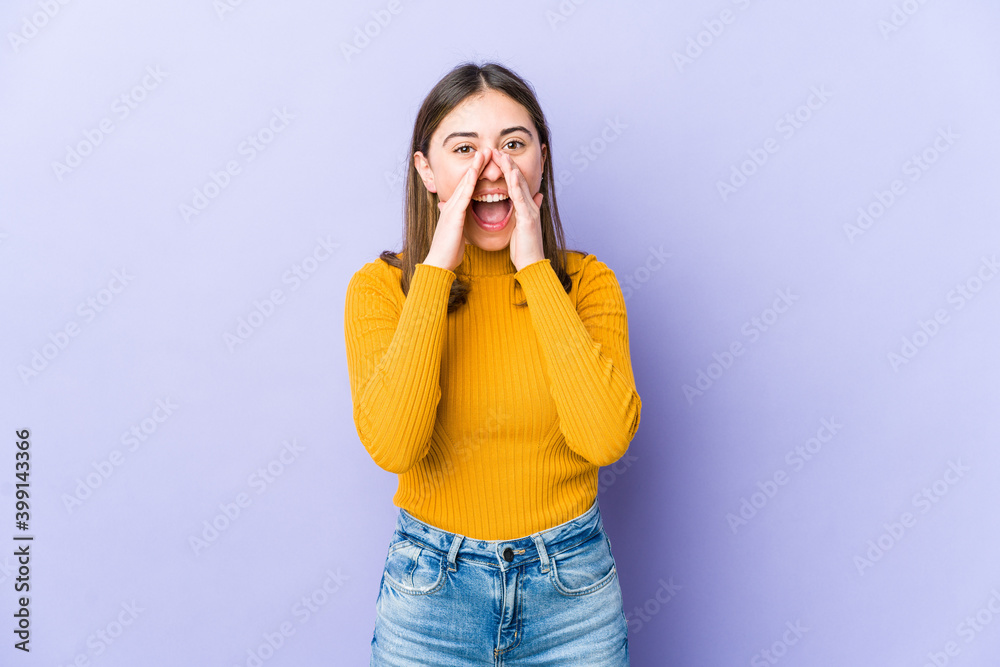 Young caucasian woman shouting excited to front. Young caucasian woman shouting excited to front.