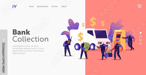 Convoy Job Landing Page Template. Armed Guard Characters Collectors Carry Bags from ATM or Currency Exchange Office