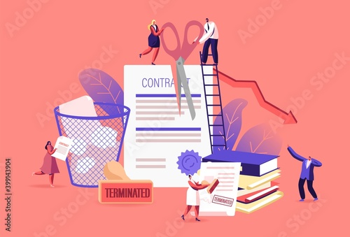 Tiny Male and Female Characters at Huge Document Tear Terminated Contract with Scattered Paper Sheets and Litter Bin