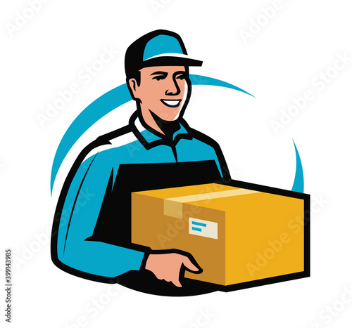 Delivery service. Courier holds parcel. Young man carries post cardboard box