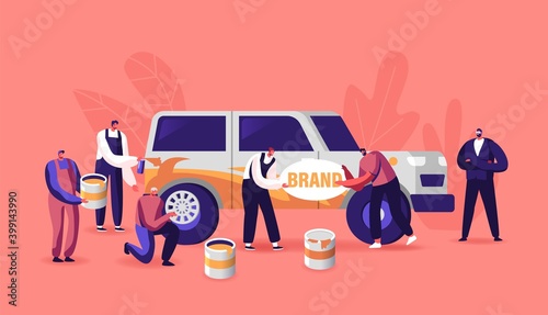 Characters Painting Car Making Airbrushing, Change Wheels, Automobile Workers with Instrument Doing Vehicle Modification