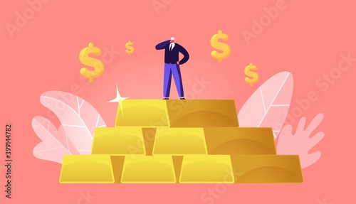 Miner Wearing Helmet Stand on Huge Pile of Golden Bars with Dollar Signs around. Gold Mining in Quarry, Extraction