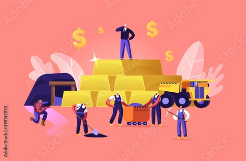 Gold Mining. Miner Characters Working on Quarry with Tools, Transport and Technique. Extraction Industry Technics