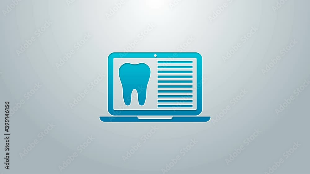 Blue line Laptop with dental card or patient medical records icon isolated on grey background. Dental insurance. Dental clinic report. 4K Video motion graphic animation