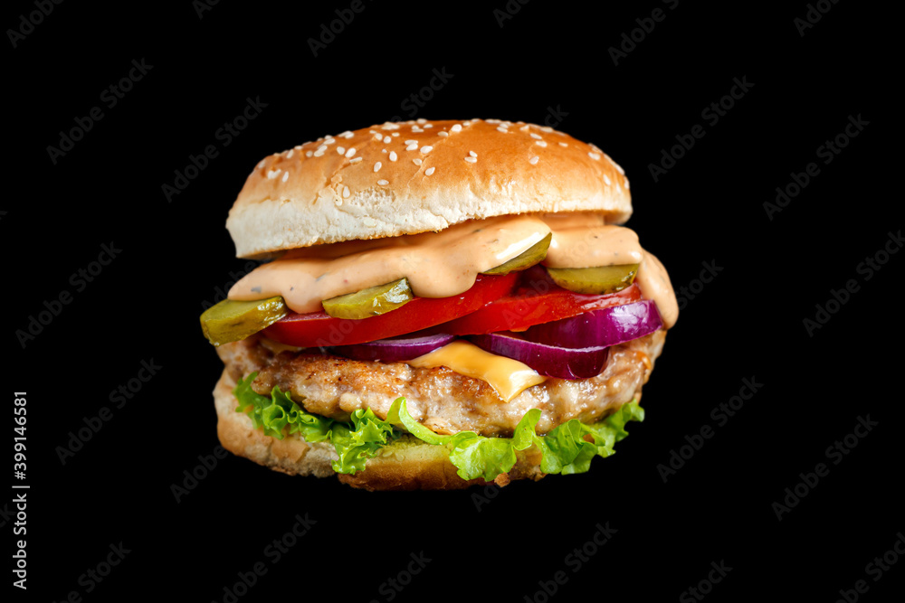 Burger with meat on black background Burger with meat on black background