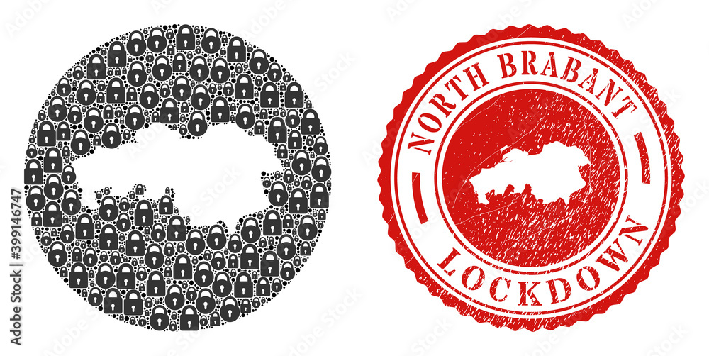 Vector collage North Brabant Province map of locks and grunge LOCKDOWN ...
