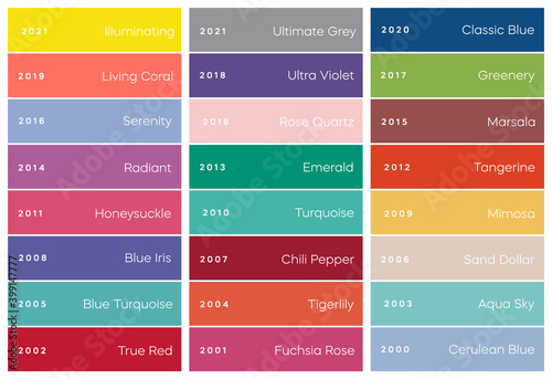 Trending colors of years. Popular color shades. Creative colour palettes for art and business. Vector illustration.
