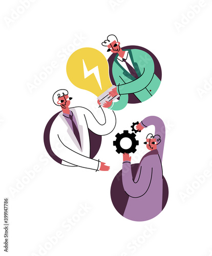Vector illustration with concept of communication, information exchange, share, collaboration, work together. Share icon shows abstract people passing on ideas and solutions.