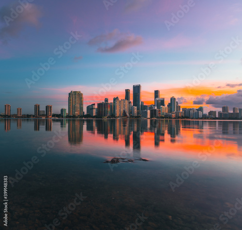 sunset over the city Miami Florida reflections 