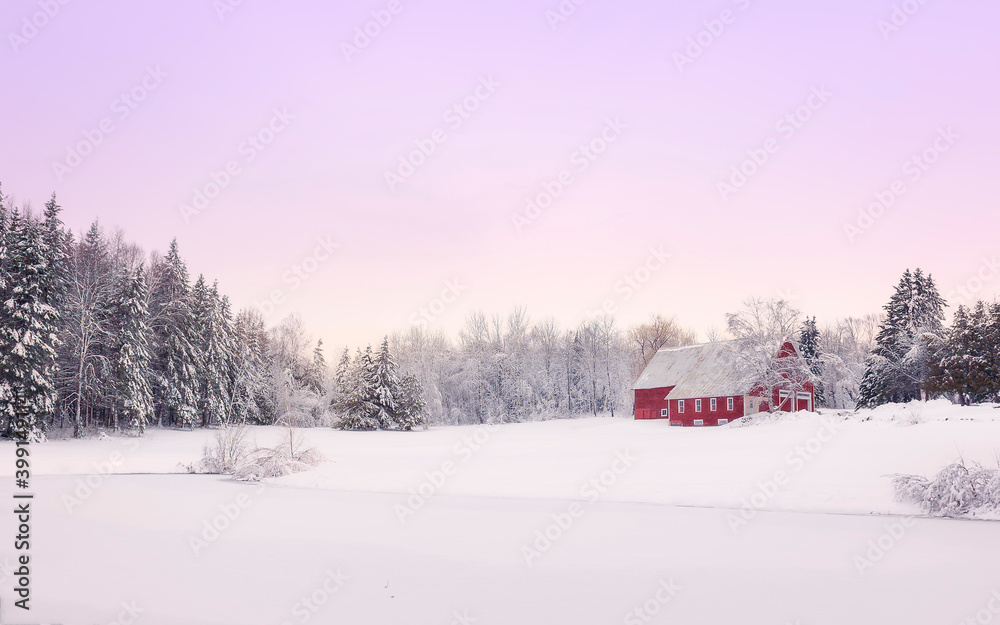 Naklejka premium Winter Landscape with a Barn
