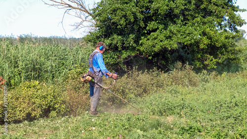 Senior man mows grass with petrol brush cutter. Man wearing overalls, protective goggles, soundproof headphones and work gloves. Full-length side view