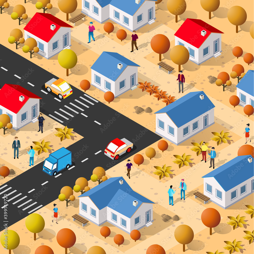 Isometric 3D illustration of the city quarter with houses Isometric 3D illustration of the city quarter with houses