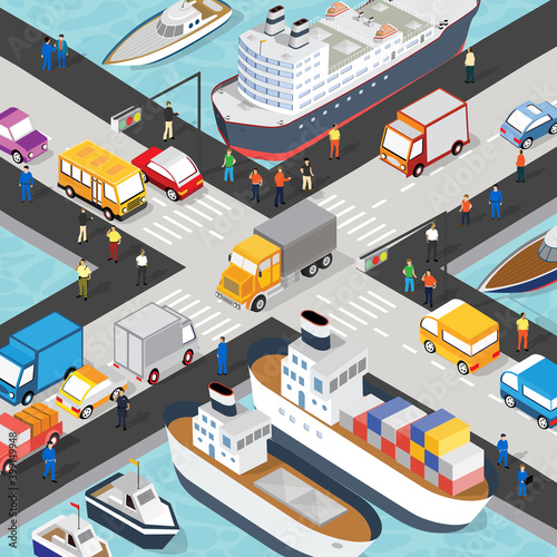 Isometric port cargo ship cargo seaport at sea