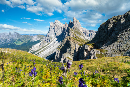 Seceda peaks. Trentino Alto Adige, Dolomites Alps, South Tyrol, Italy. Odle mountain range, Val Gardena. Majestic Furchetta peak