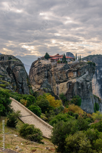 Agia triada , HolyTrinity, monastery, an unesco world heritage site, located on a unique rock formation above the village of Kalambaka during fall season.