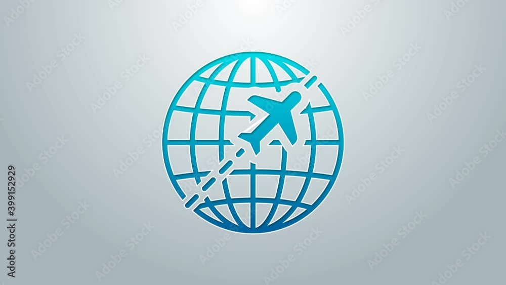 Blue line Globe with flying plane icon isolated on grey background. Airplane fly around the planet earth. Aircraft world icon. 4K Video motion graphic animation Blue line Globe with flying plane icon isolated on grey background. Airplane fly around the planet earth. Aircraft world icon. 4K Video motion graphic animation