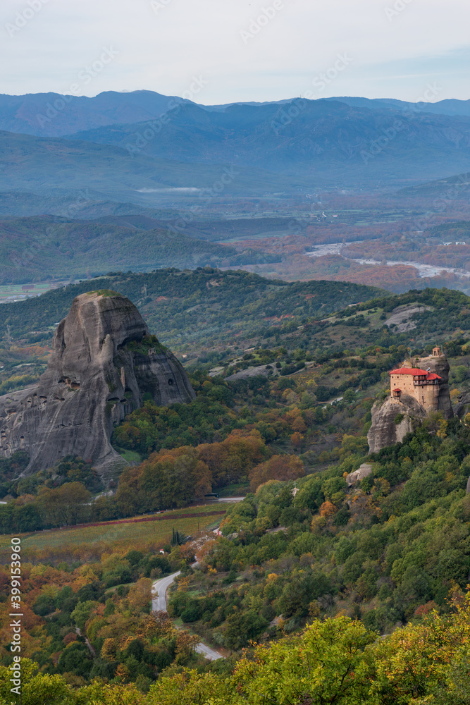 Agios Nikolaos monastery, an unesco world heritage site, located on a unique rock formation above the village of Kalambaka during fall season.