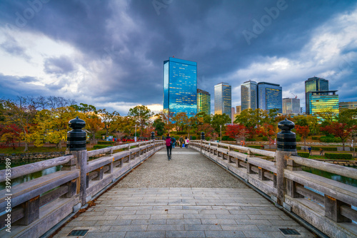 Business park viewed from Osaka castle park in autumn. Japan