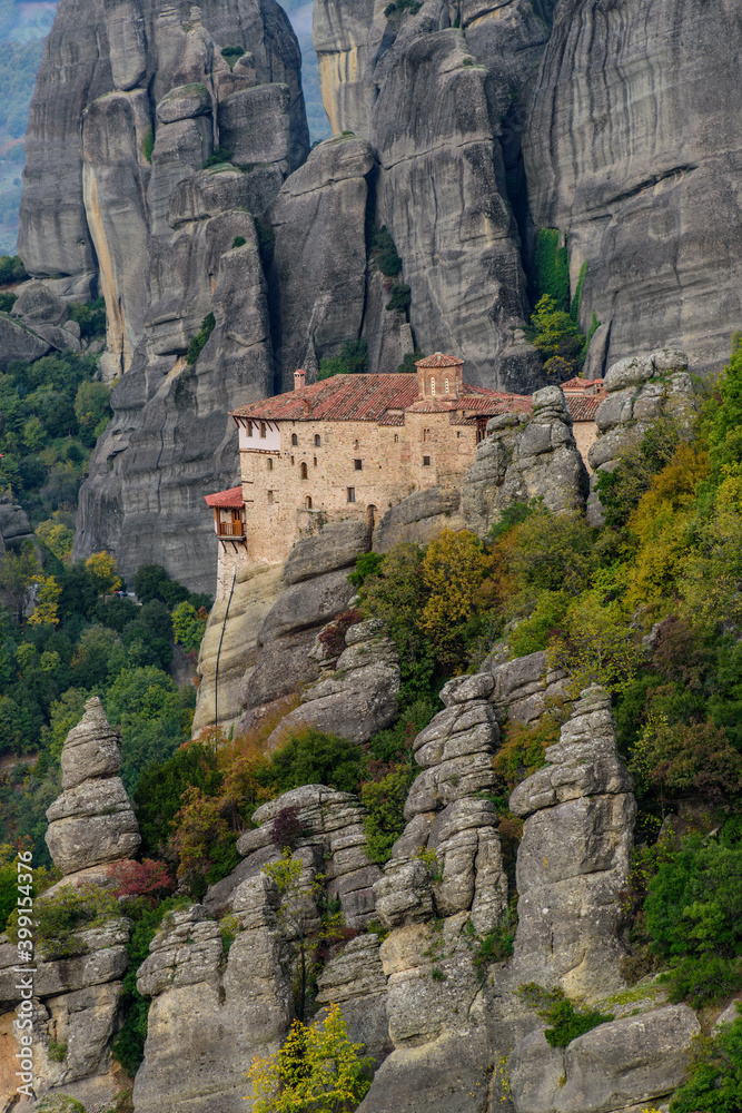 Rousanou  monastery, an unesco world heritage site,  located on a unique rock formation  above the village of Kalambaka during fall season.